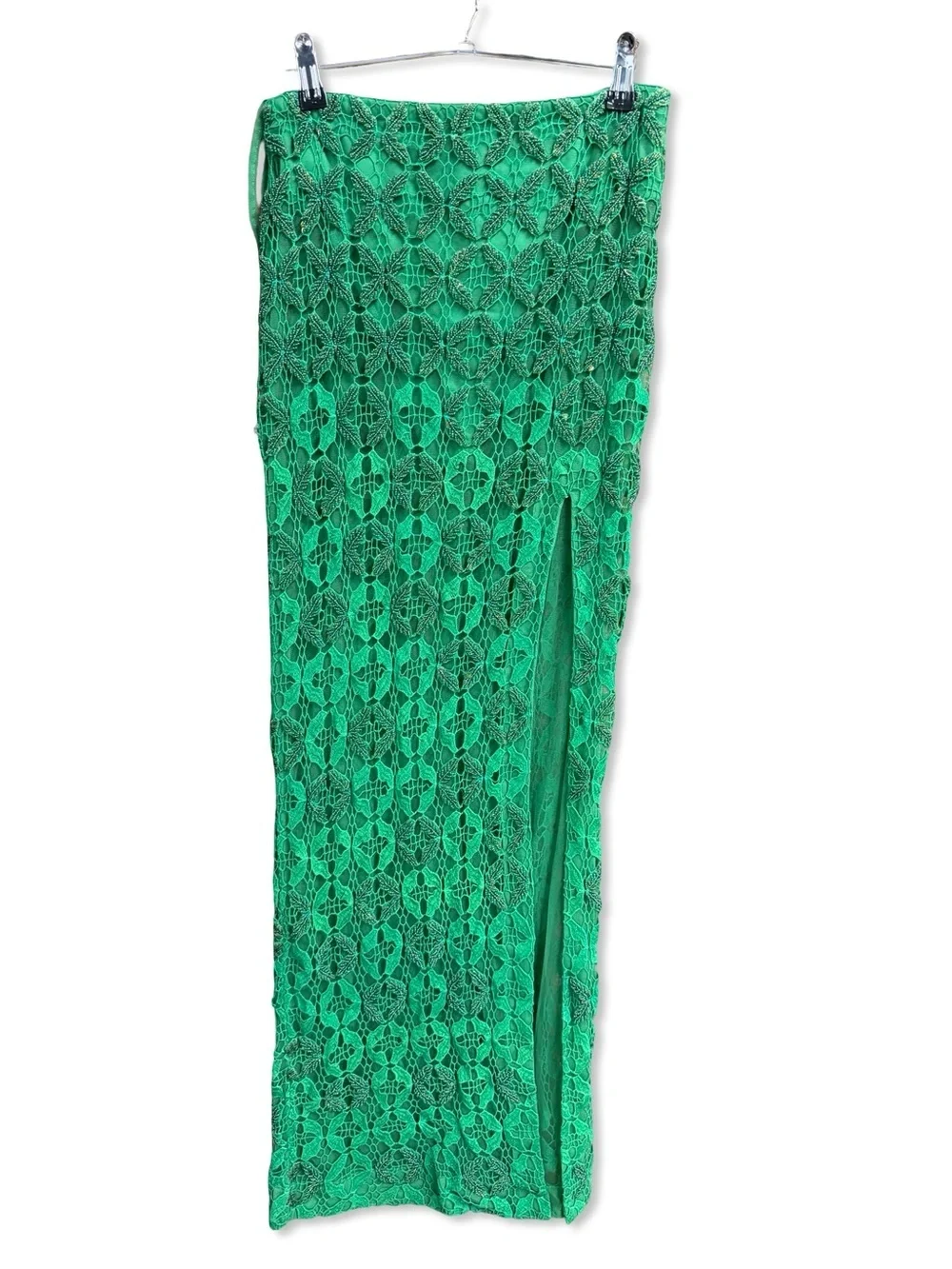 La Fuori Mossy Meadow Skirt Green Lace beaded Maxi Side Slit NWT Revolve S